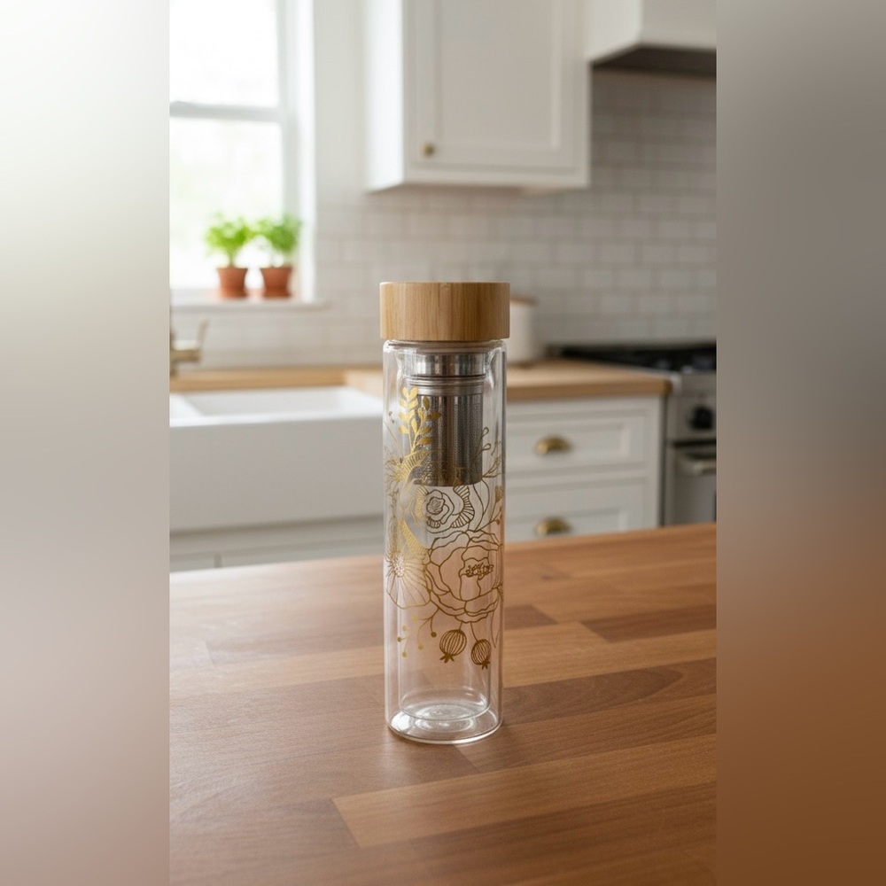 Glass Tea Tumbler 16oz Infuser Bamboo Lid Gold Floral Design | Pinky’s Up | New